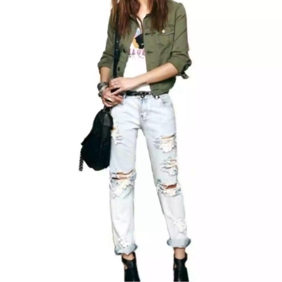 SOLD- Free People Distressed Denim Jacket Green Army Women’s  XS 0 Pretty Little - Picture 2 of 16